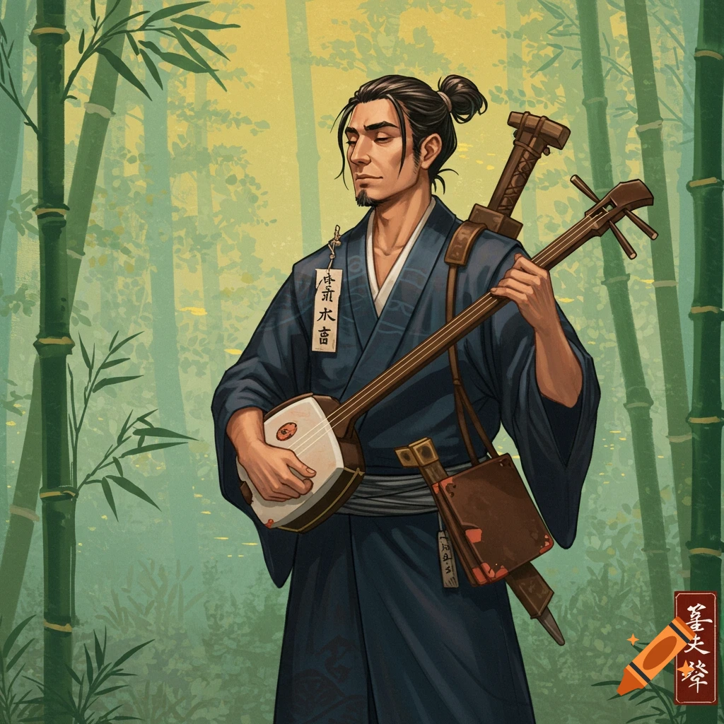 A Japanese man in traditional clothing playing a shamisen in a bamboo forest.