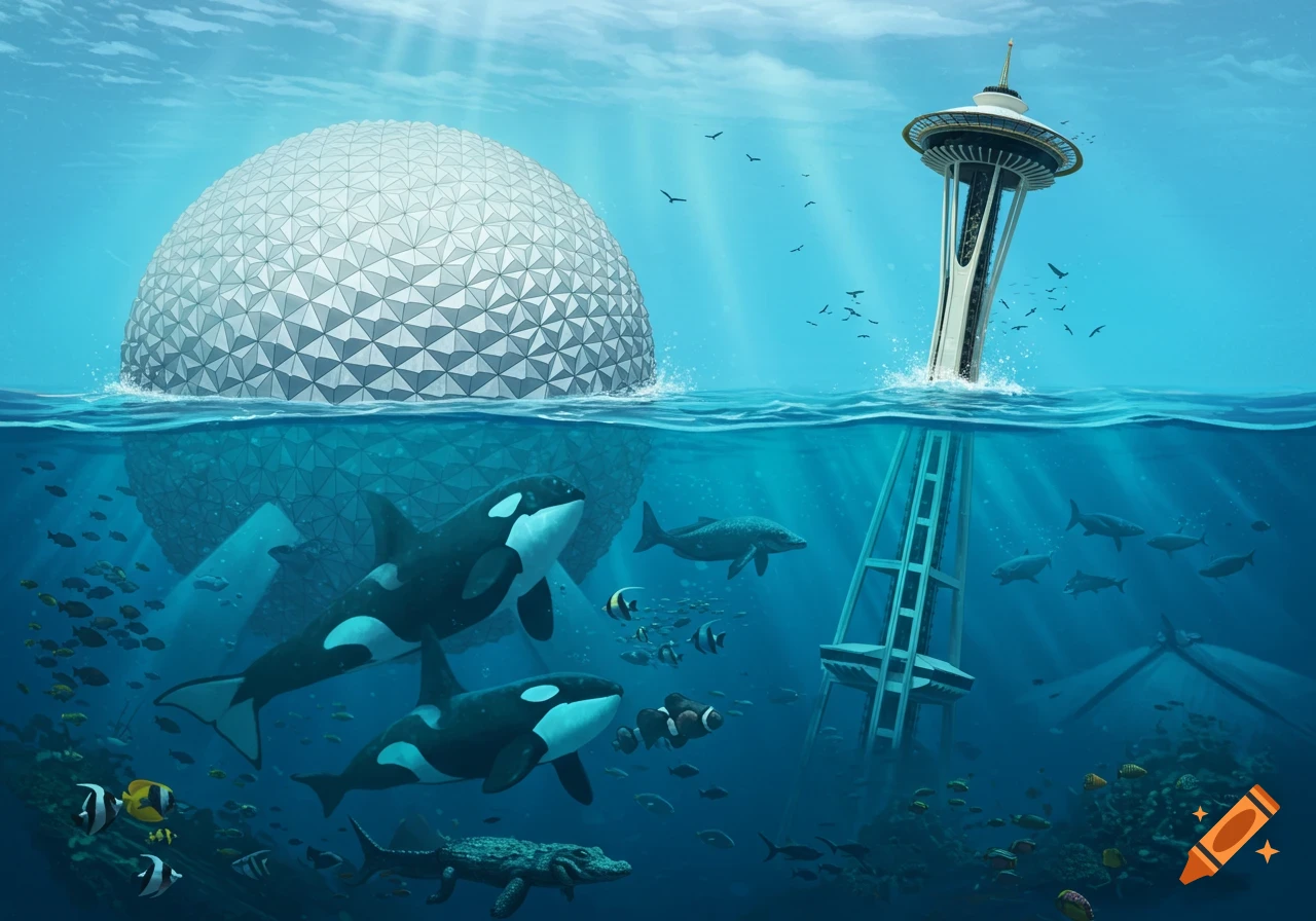 Underwater scene with a large geodesic dome and the top of the Space Needle, surrounded by orcas and fish.