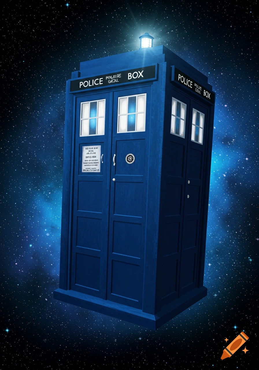 A blue police box, the TARDIS, floats in space among stars and a blue nebula.