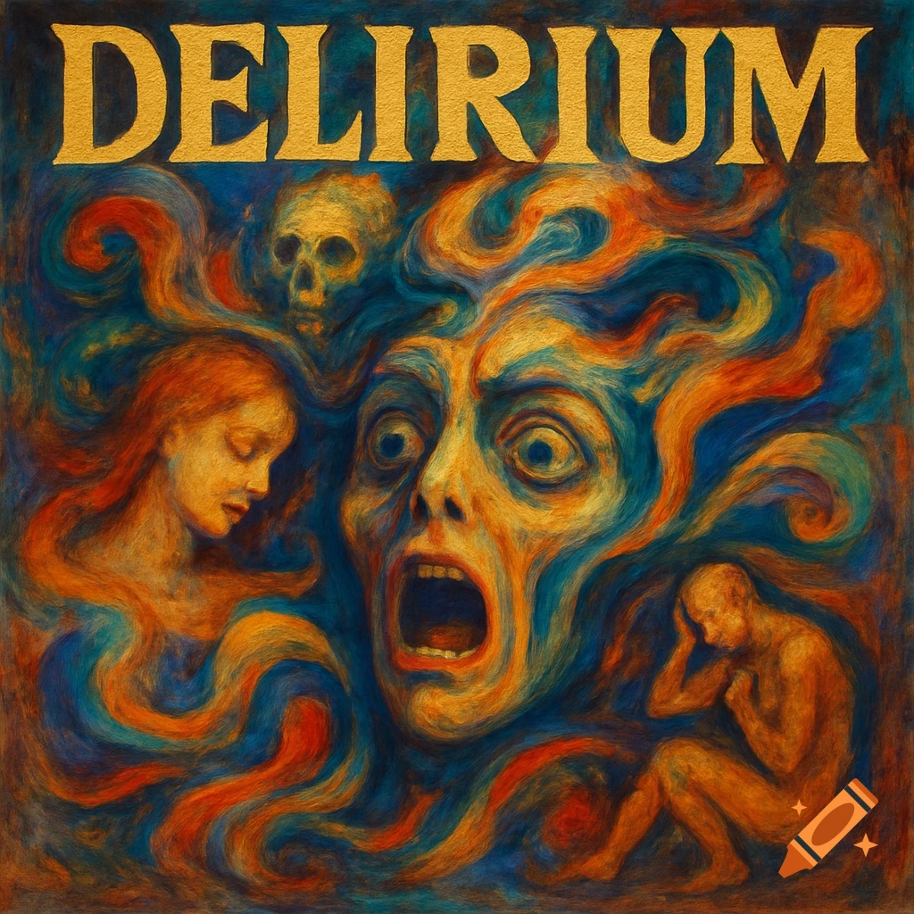 Stylized painting of a distorted screaming face, swirling colors, figures, and the word 'DELIRIUM'.