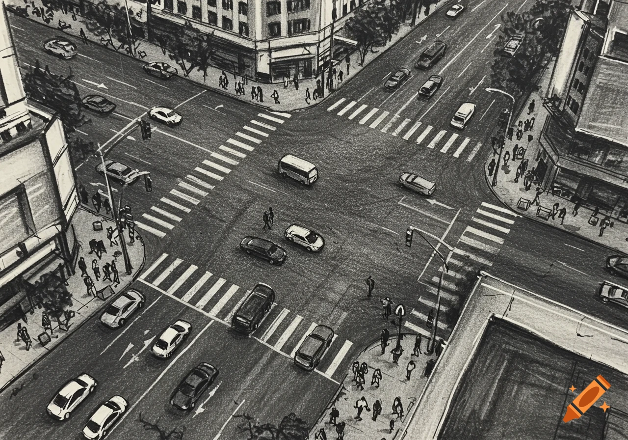 Charcoal sketch from a bird's eye view of a busy city intersection with cars and pedestrians.