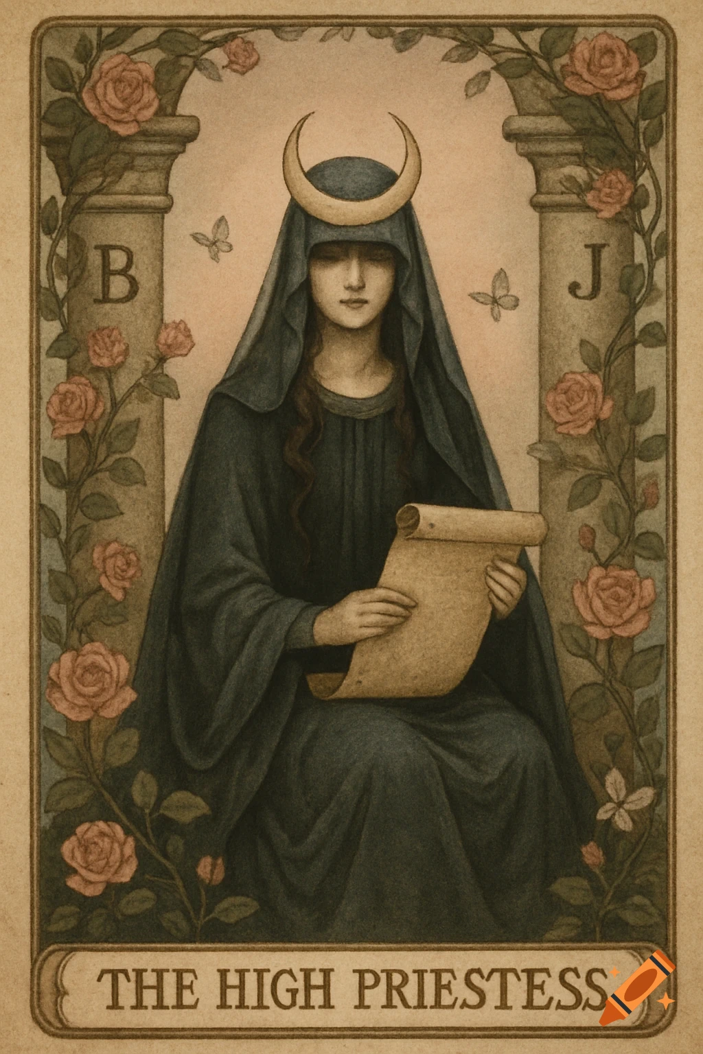 Vintage illustration of the High Priestess tarot card with a woman, moon crown, scroll, pillars, roses, and butterflies.