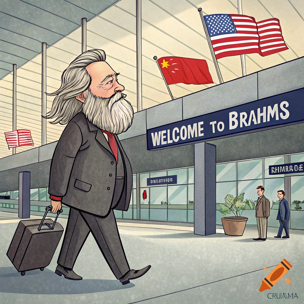 Cartoon Brahms arrives at an airport, pulling a suitcase