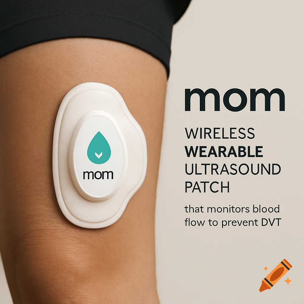 Wearable medical ultrasound patch on a leg with descriptive text next to it.