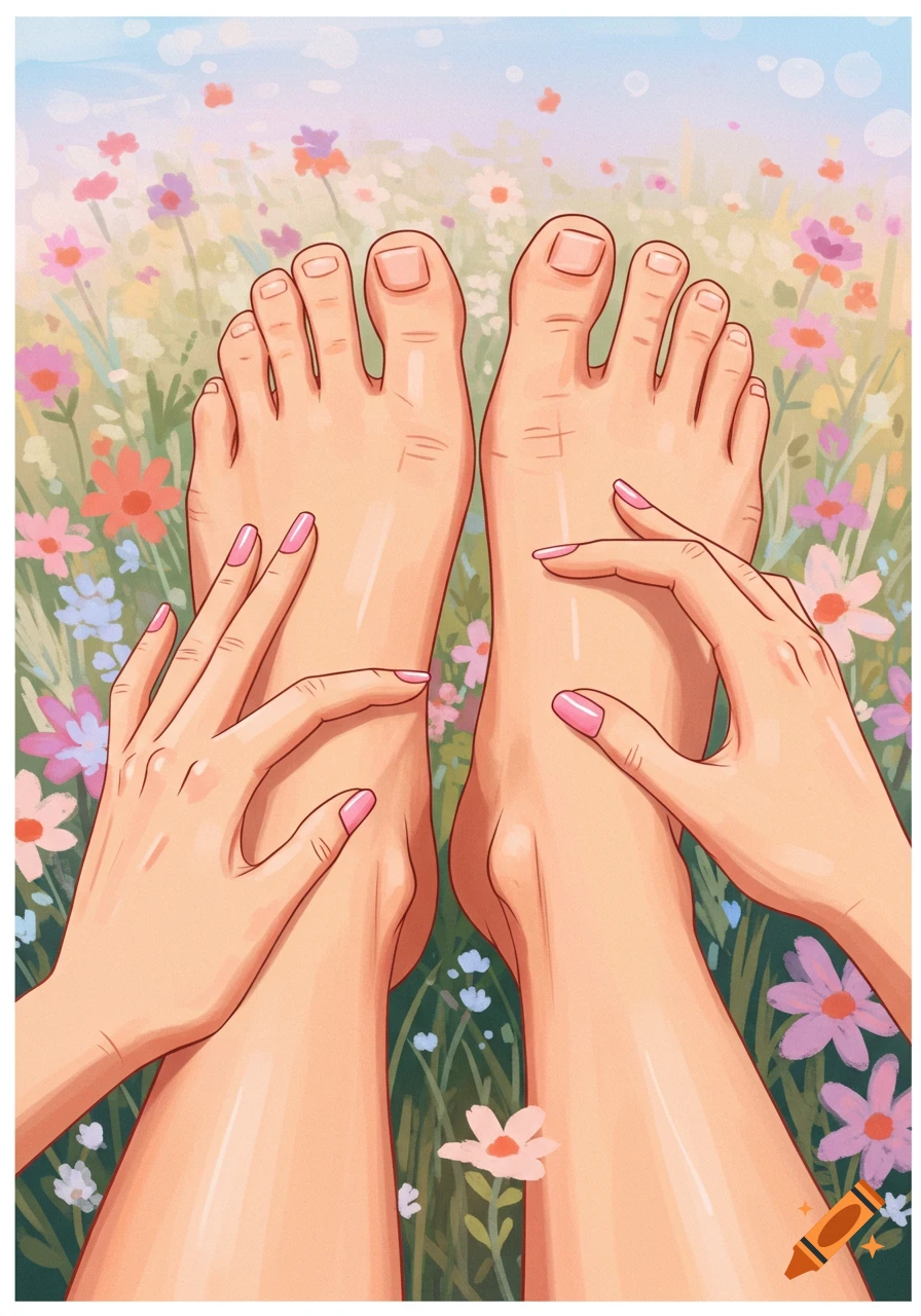 Illustrated view of hands touching feet in a field of colorful flowers.
