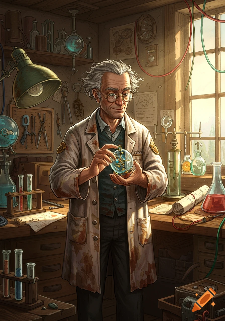 An old scientist in a lab coat holding a glass orb in a cluttered laboratory.