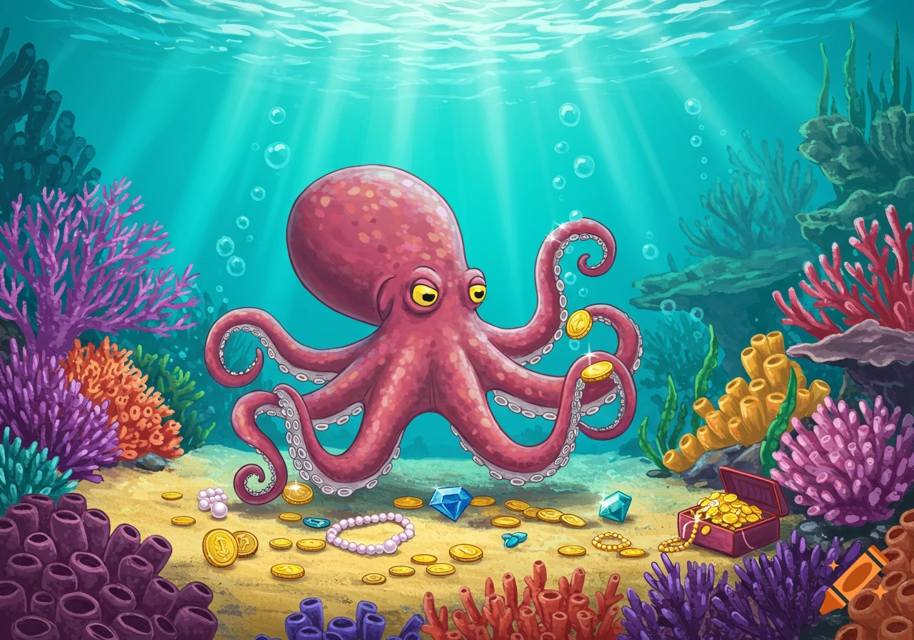 A cartoon octopus collects gold coins and treasure on the ocean floor surrounded by colorful coral reefs.