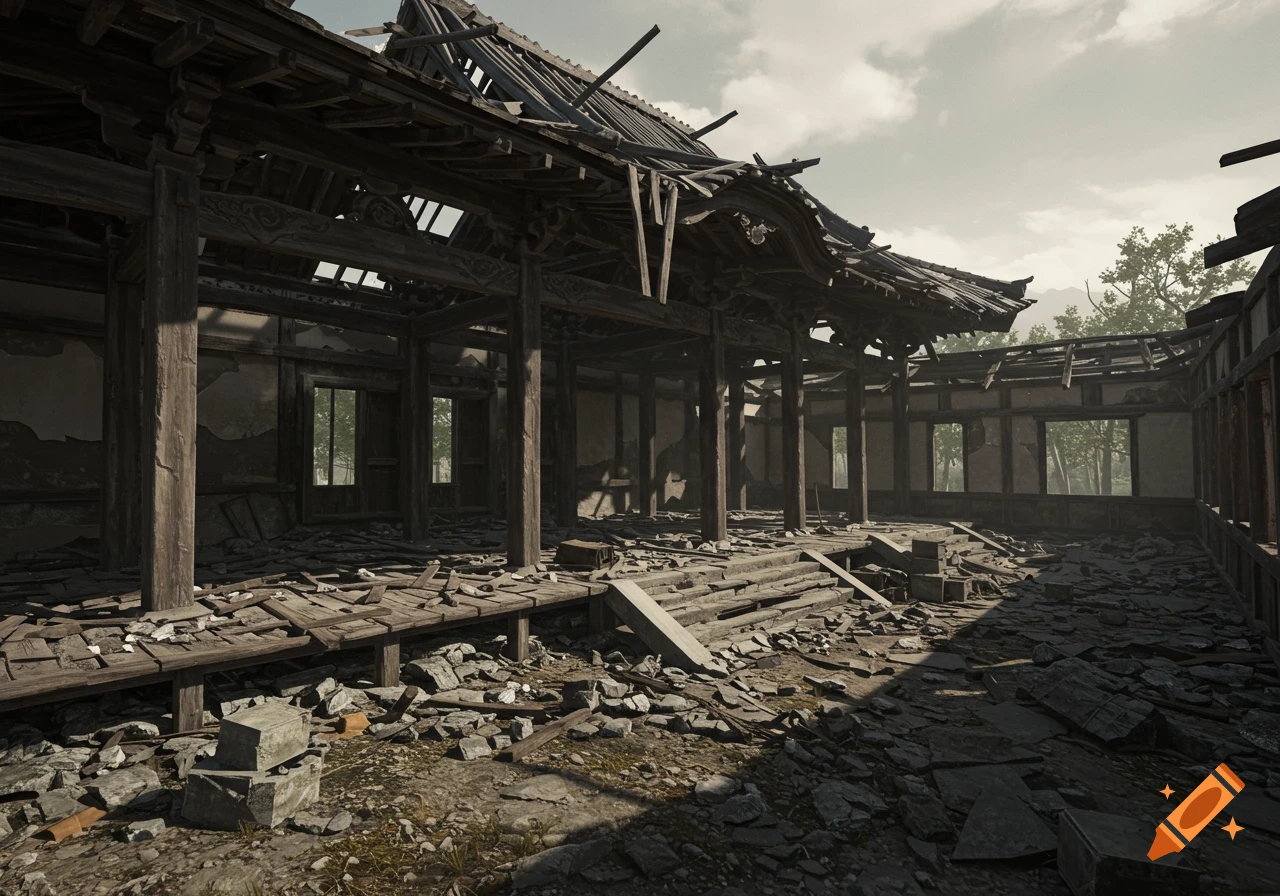 Interior view of a destroyed Japanese temple, realistic photograph.