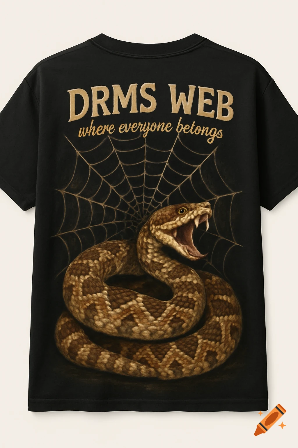 Black t-shirt design with a coiled diamondback snake, a spider web, and text that reads "DRMS WEB where everyone belongs".