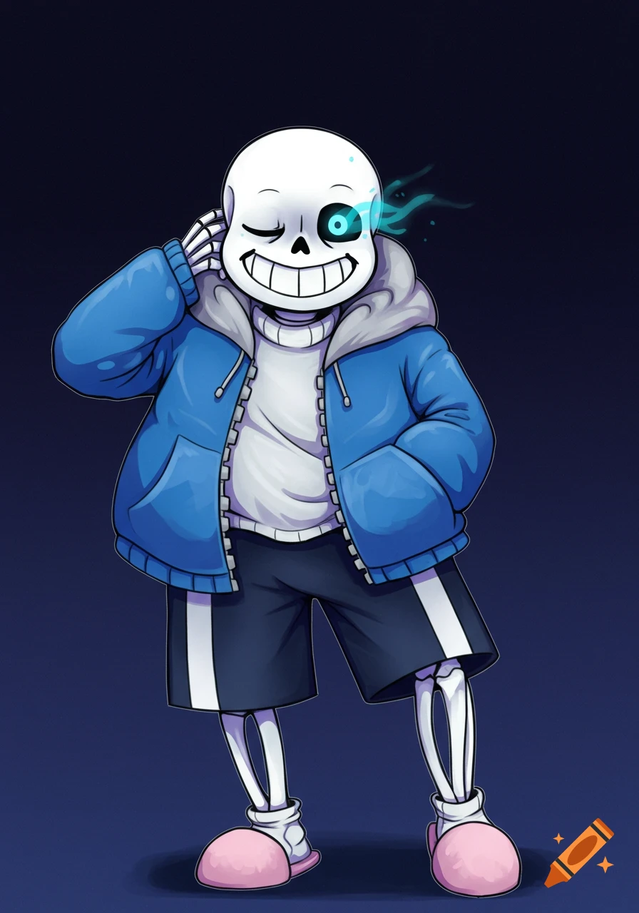 Cartoon illustration of Sans from Undertale smiling