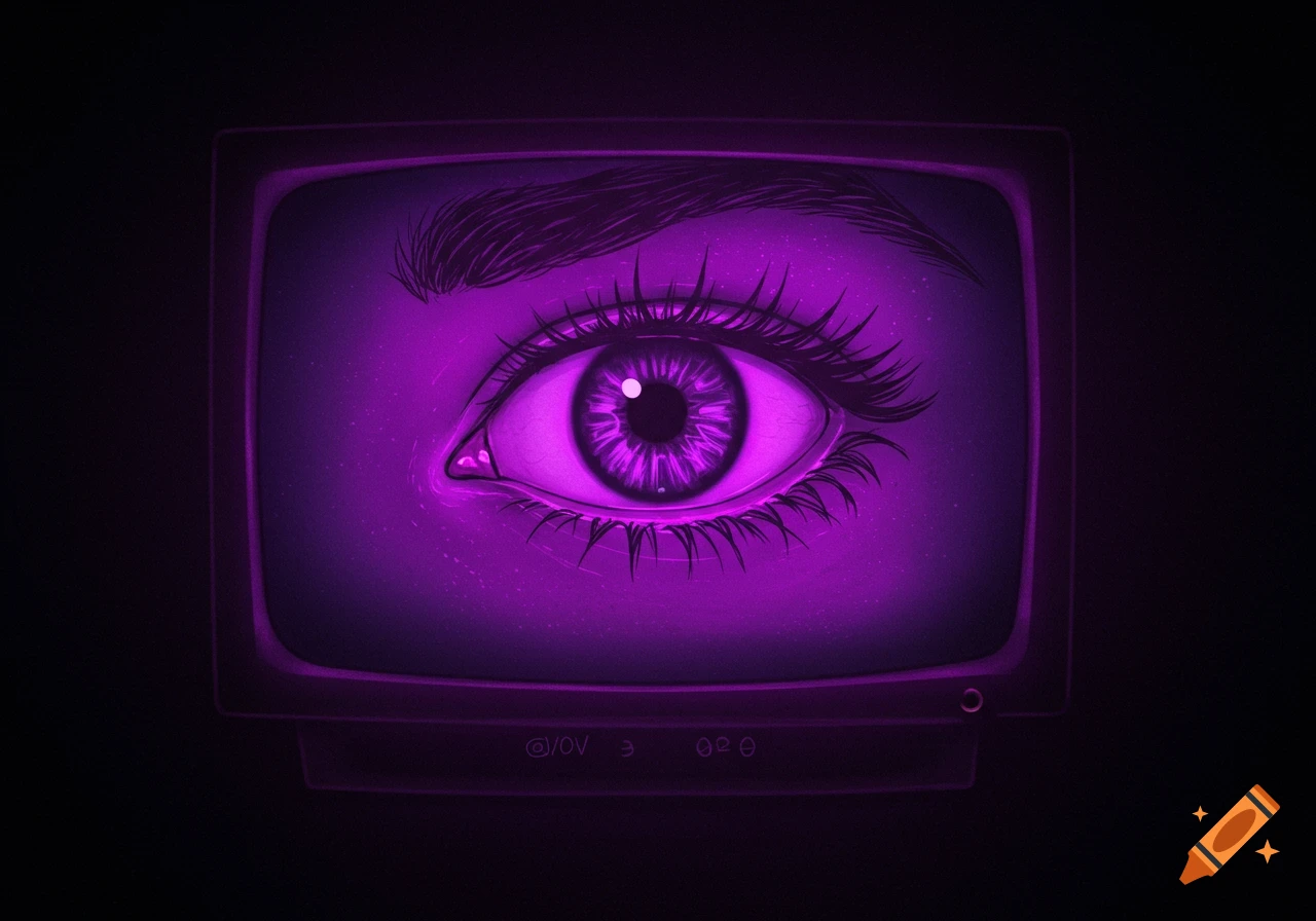 Stylized purple eye on a glowing vintage television screen.