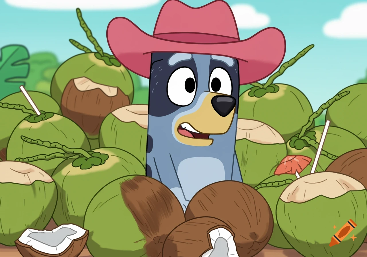 A cartoon blue dog wearing a pink cowboy hat is surrounded by green and brown coconuts.