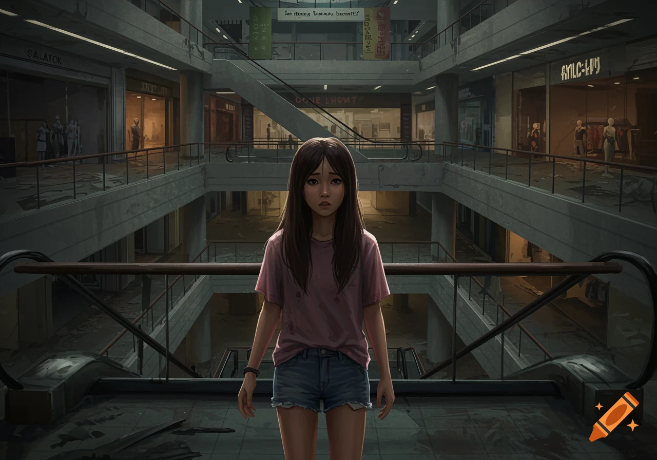 A young girl stands alone in a dark, abandoned shopping mall.