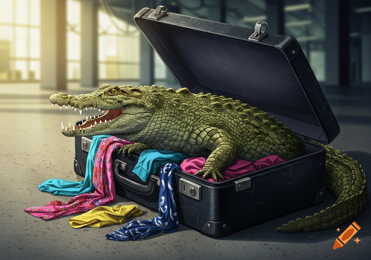 Illustration of a crocodile crawling out of an overflowing suitcase with colorful clothes