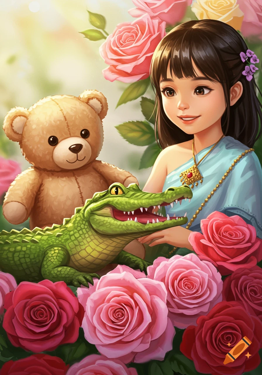 Illustration of a girl in Thai dress with a teddy bear, an alligator, and roses