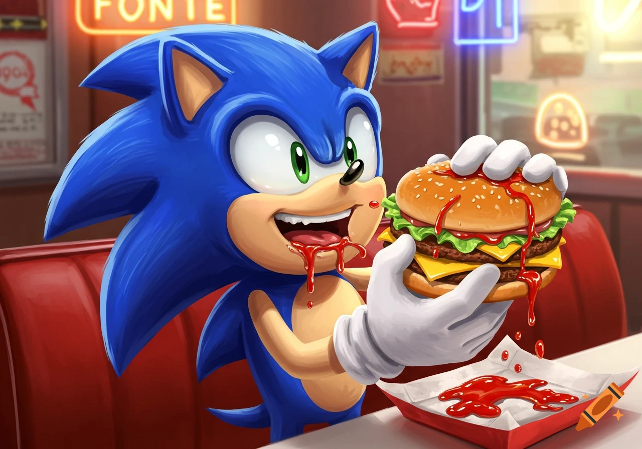 Sonic the Hedgehog eating a ketchup-covered double cheeseburger at a fast food restaurant.