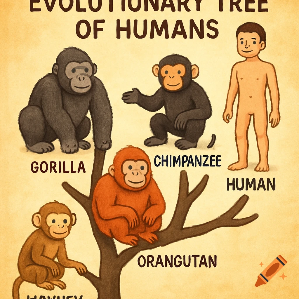 Children's illustration of the evolutionary tree of humans with labeled primates and a human on a branch.