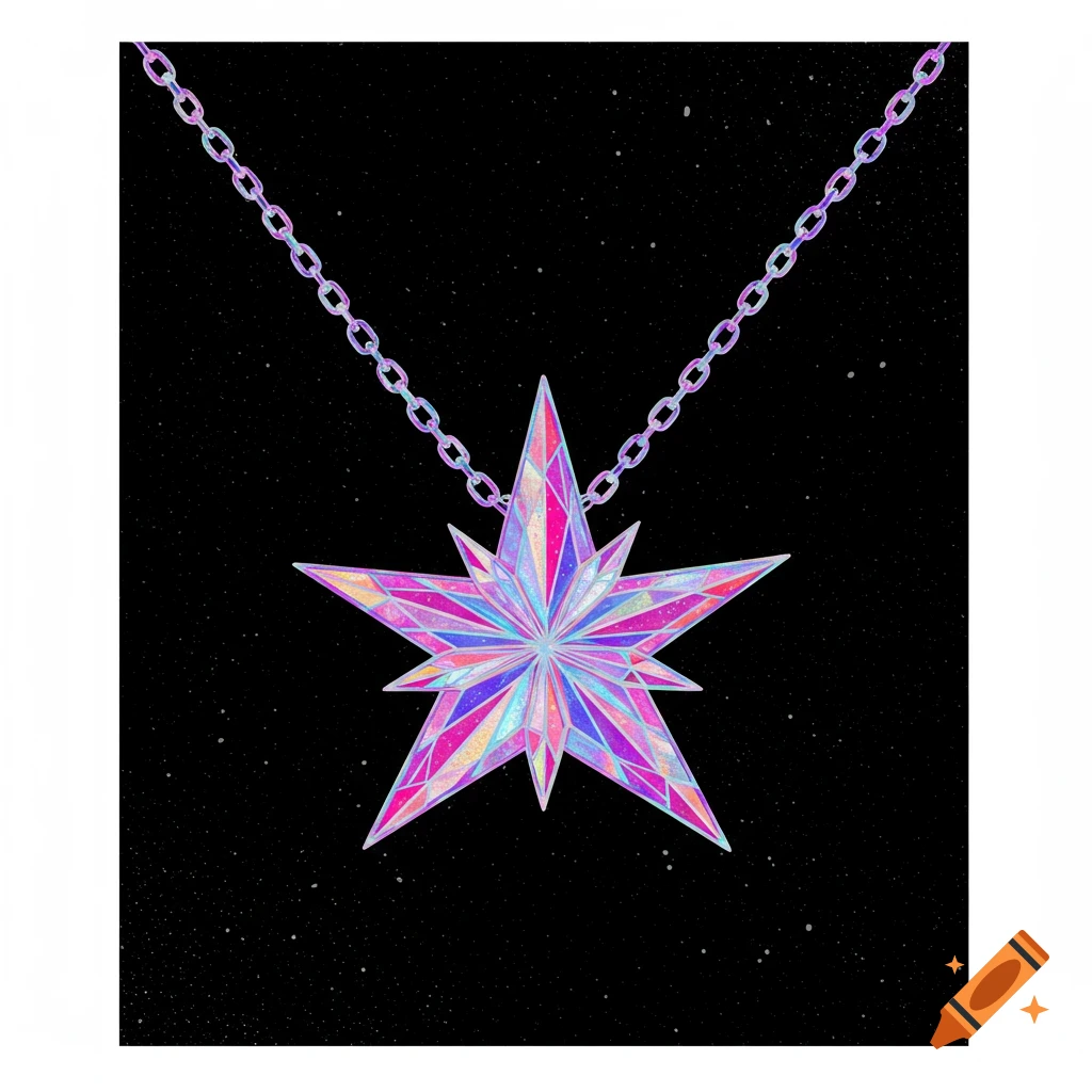 A colorful faceted star pendant necklace against a starry black background.