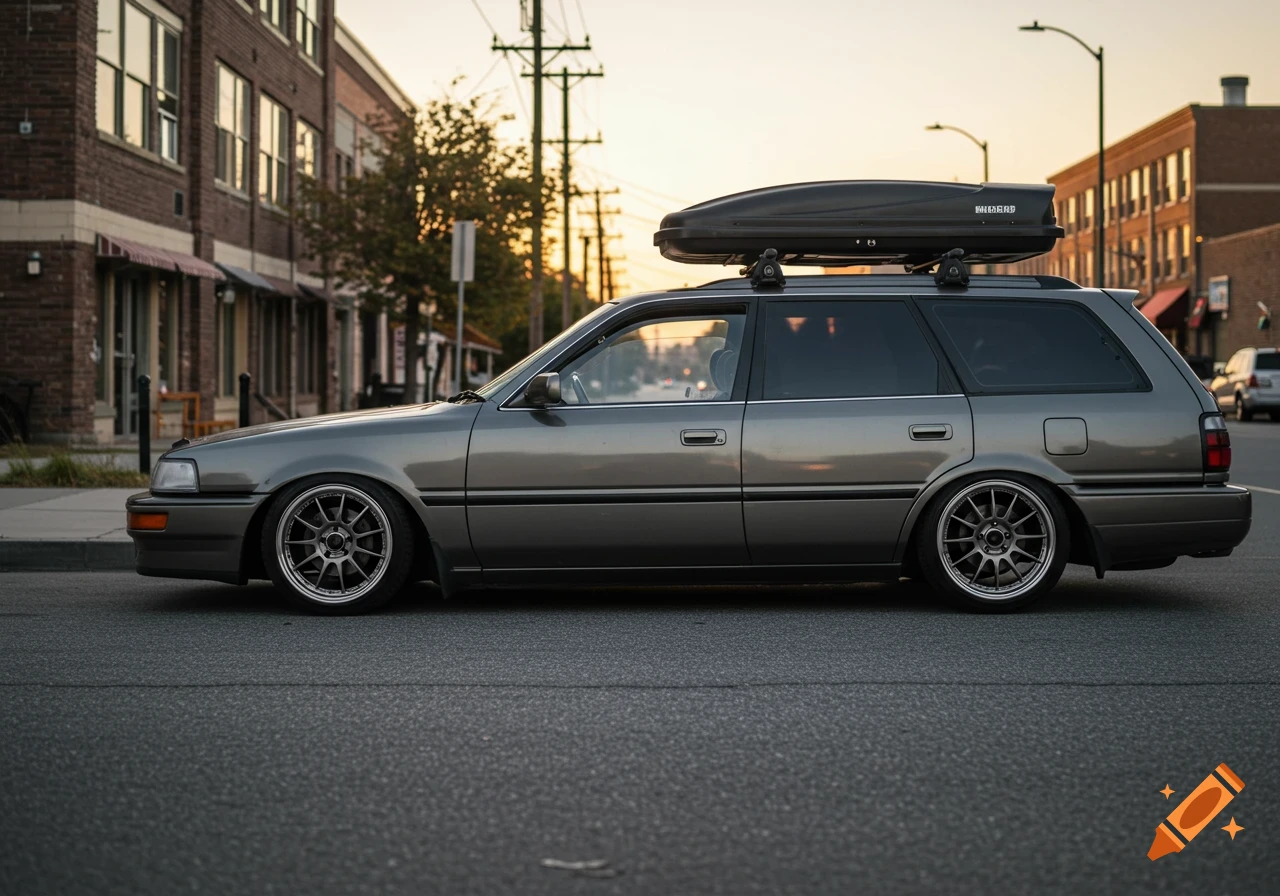 A gray Toyota Camry station wagon with aftermarket wheels and a roof rack parked on a city street at sunset.