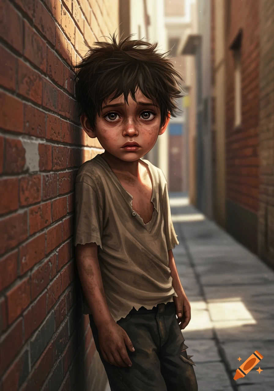 A sad, dirty boy with messy hair leans against a brick wall in a sunlit alley. Illustration.