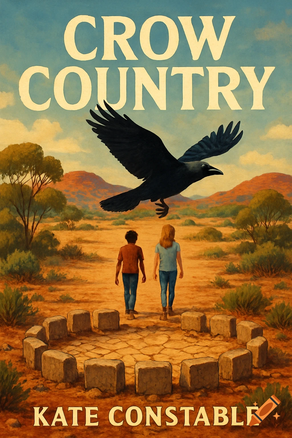A large black crow flies over two teenagers walking in the Australian outback towards a ring of stones, in a book cover style.