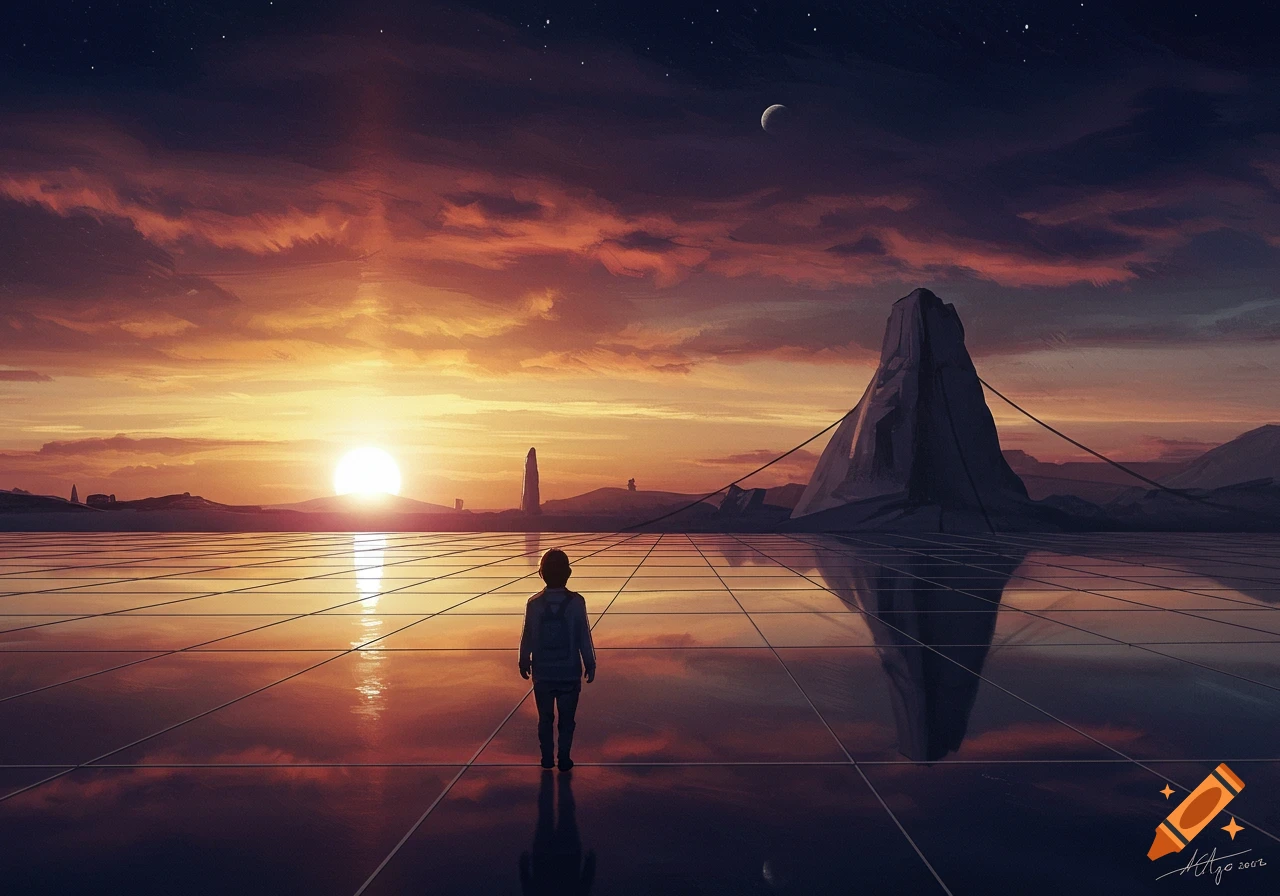 Person on a grid floor looking at a dramatic sunset over a futuristic ...