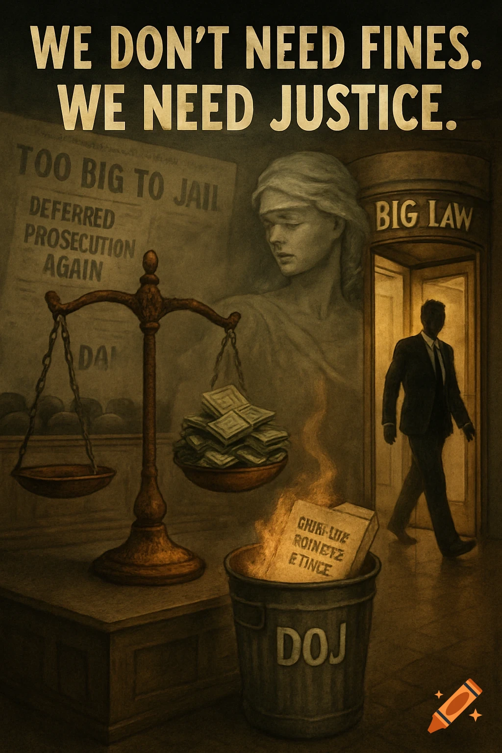 Illustration of justice scale weighed down by money, lawyer exiting 'Big Law' door, newspaper headlines, Lady Justice figure, and burning document.