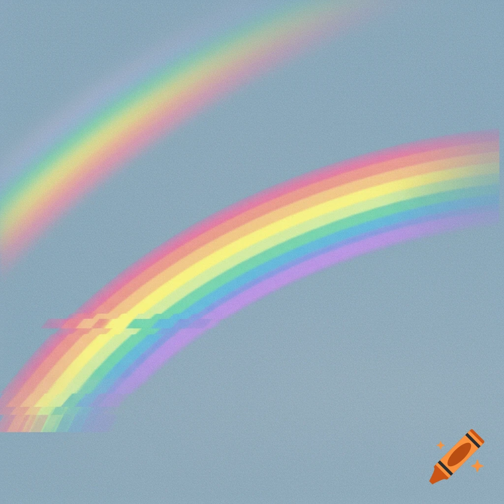 Two stylized rainbows with glitchy effects on a grey background.