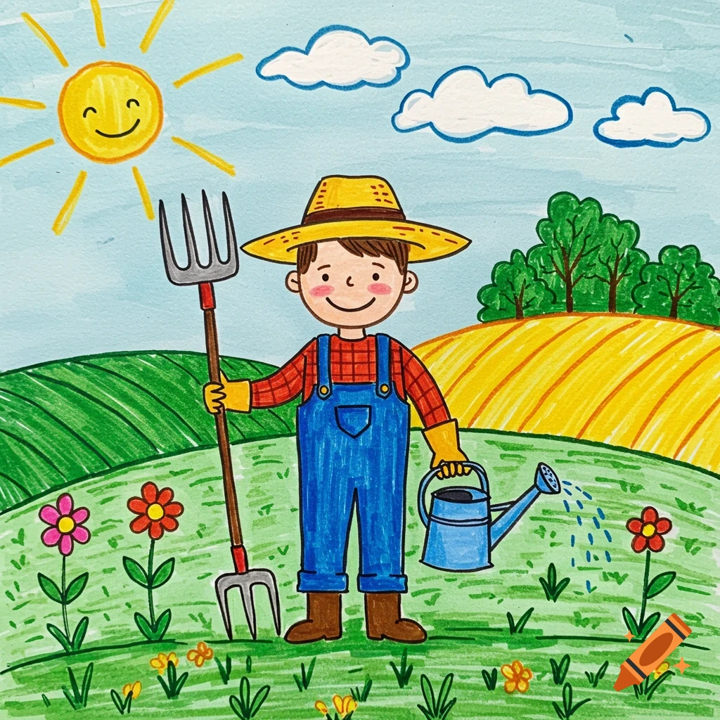 A farmer in a kids drawing style holds a pitchfork and watering can in a  field under a smiling sun. on Craiyon, image size:1024x1024