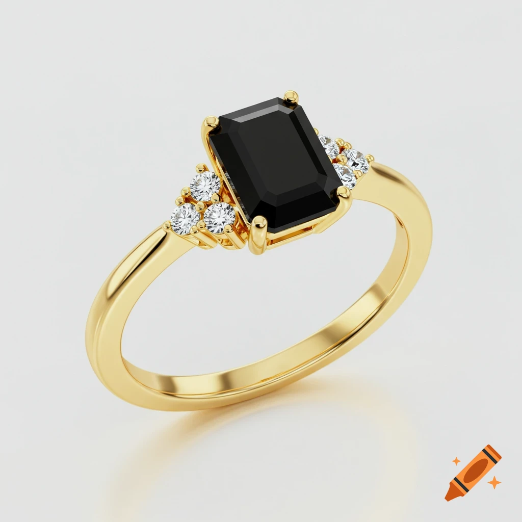 Gold ring with a large black emerald cut stone and small diamonds