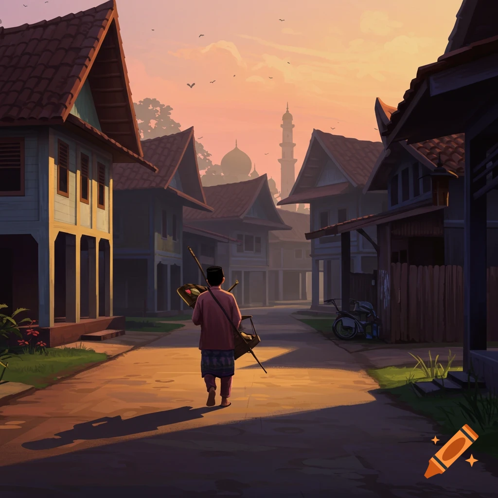 A person walks down a village street with traditional houses and a mosque at sunrise in an illustration style.