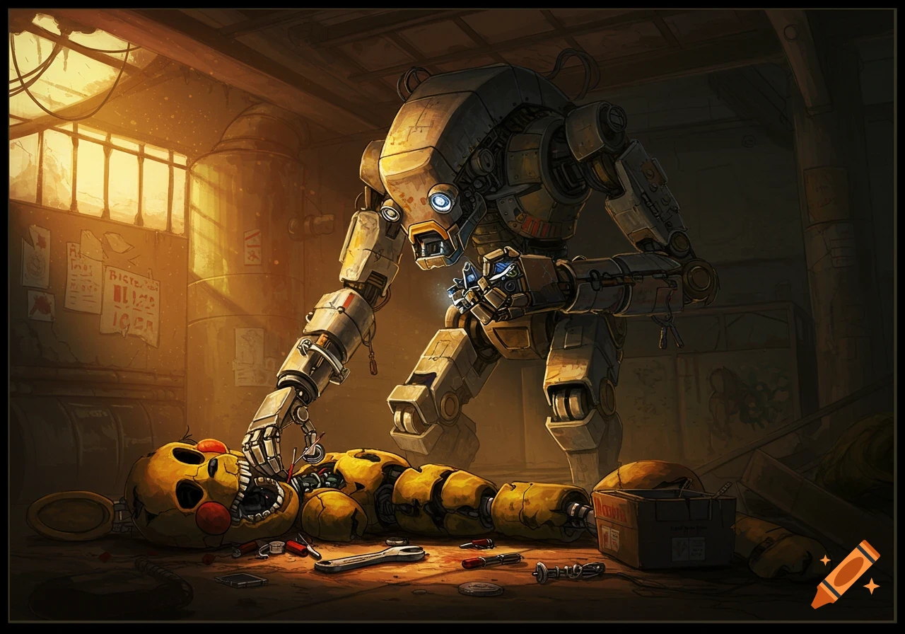 A large robot works on repairing a broken yellow animatronic on the floor of a dusty workshop.