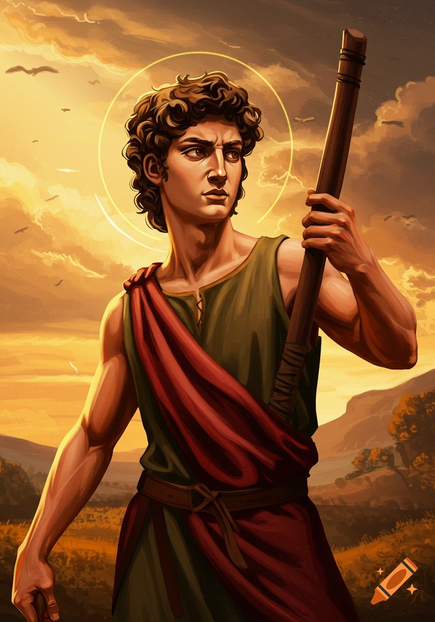 Illustration of a young man with a halo and staff against a sunset sky.