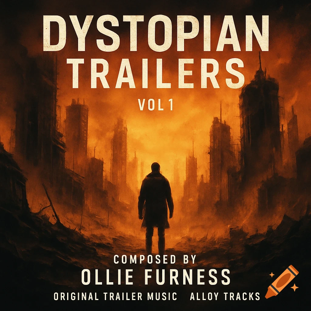 Figure stands before a ruined dystopian city under an orange sky, with album cover text.