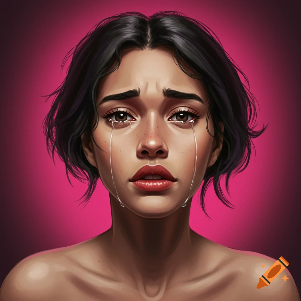 Digital painting portrait of a young woman crying