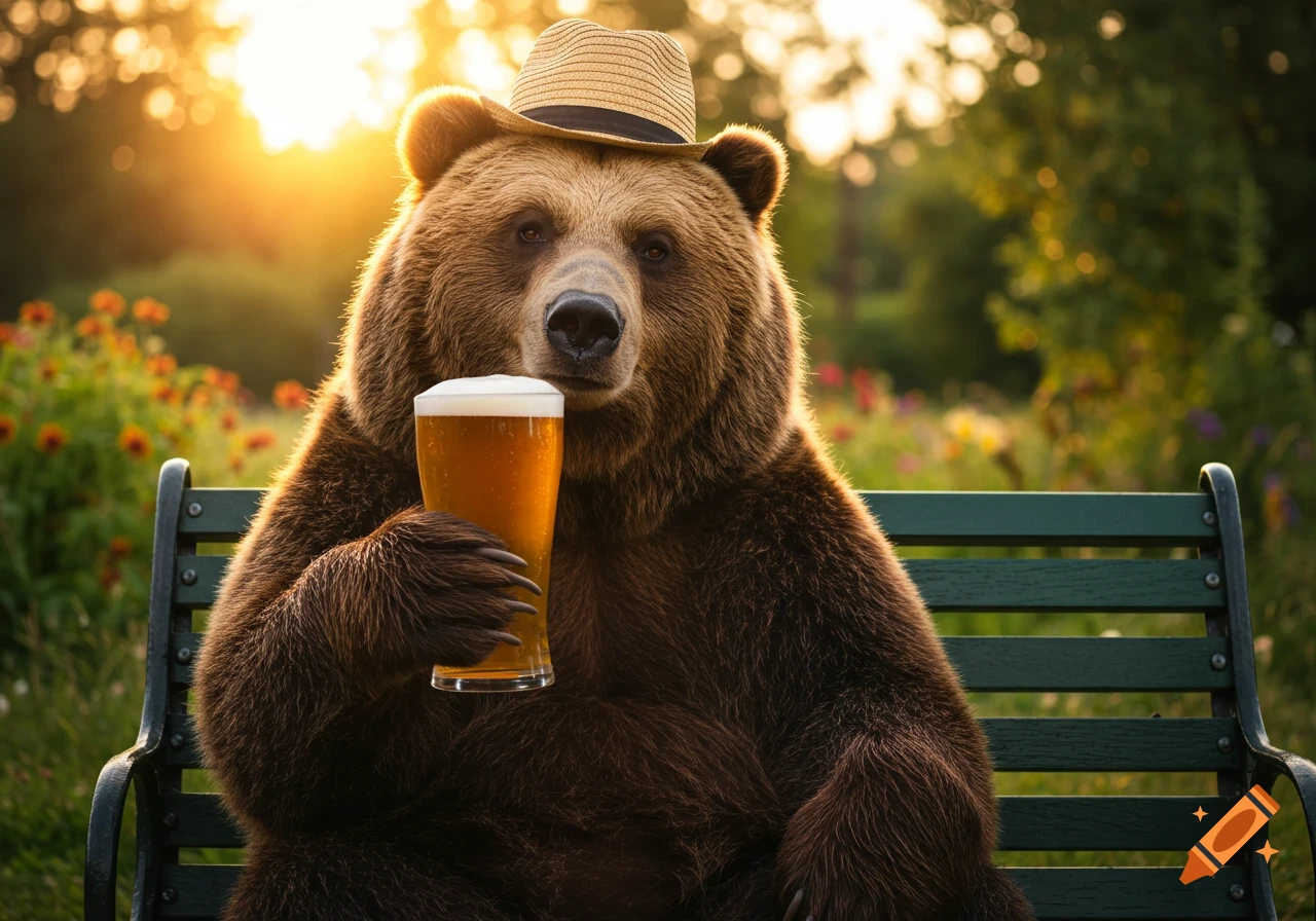 A brown bear wearing a straw hat sits on a park bench, holding a glass of beer in its paw during sunset. Photorealistic.