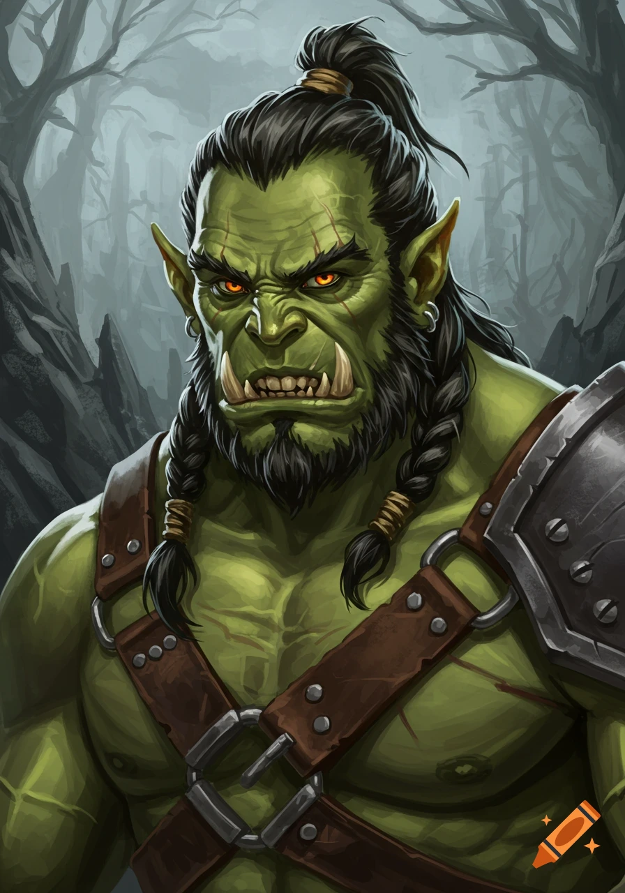 Portrait of a green-skinned fantasy orc with a ponytail, braided beard, and leather harness, in a forest setting.