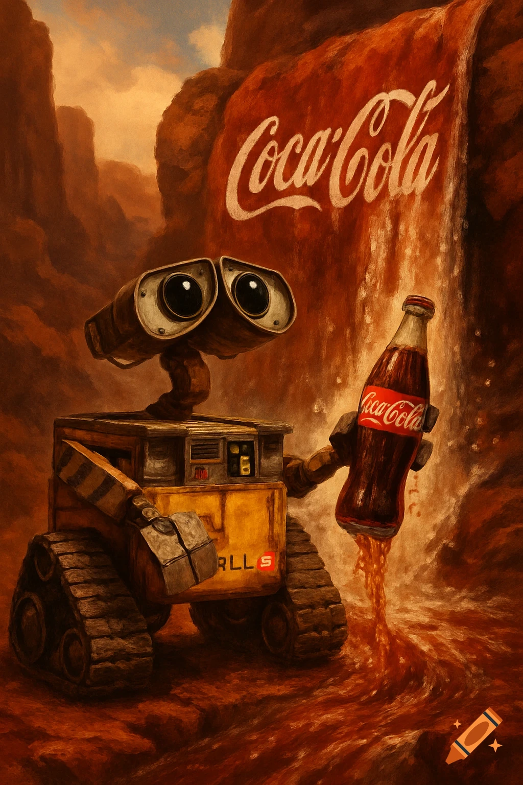 A robot resembling WALL-E holds a Coca-Cola bottle in front of a Coca-Cola waterfall in a rocky landscape, painted style