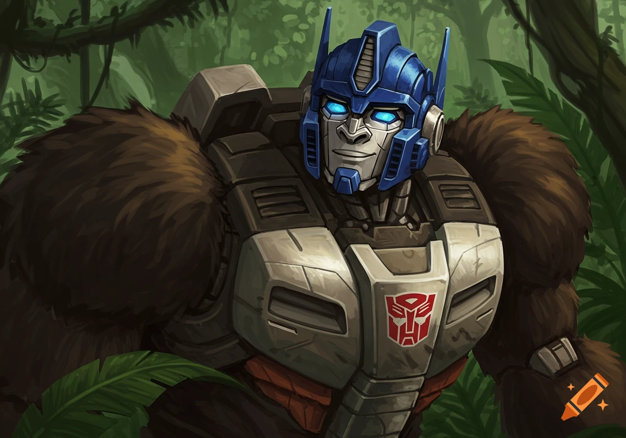 Optimus Primal with an Autobot symbol stands in a jungle clearing.