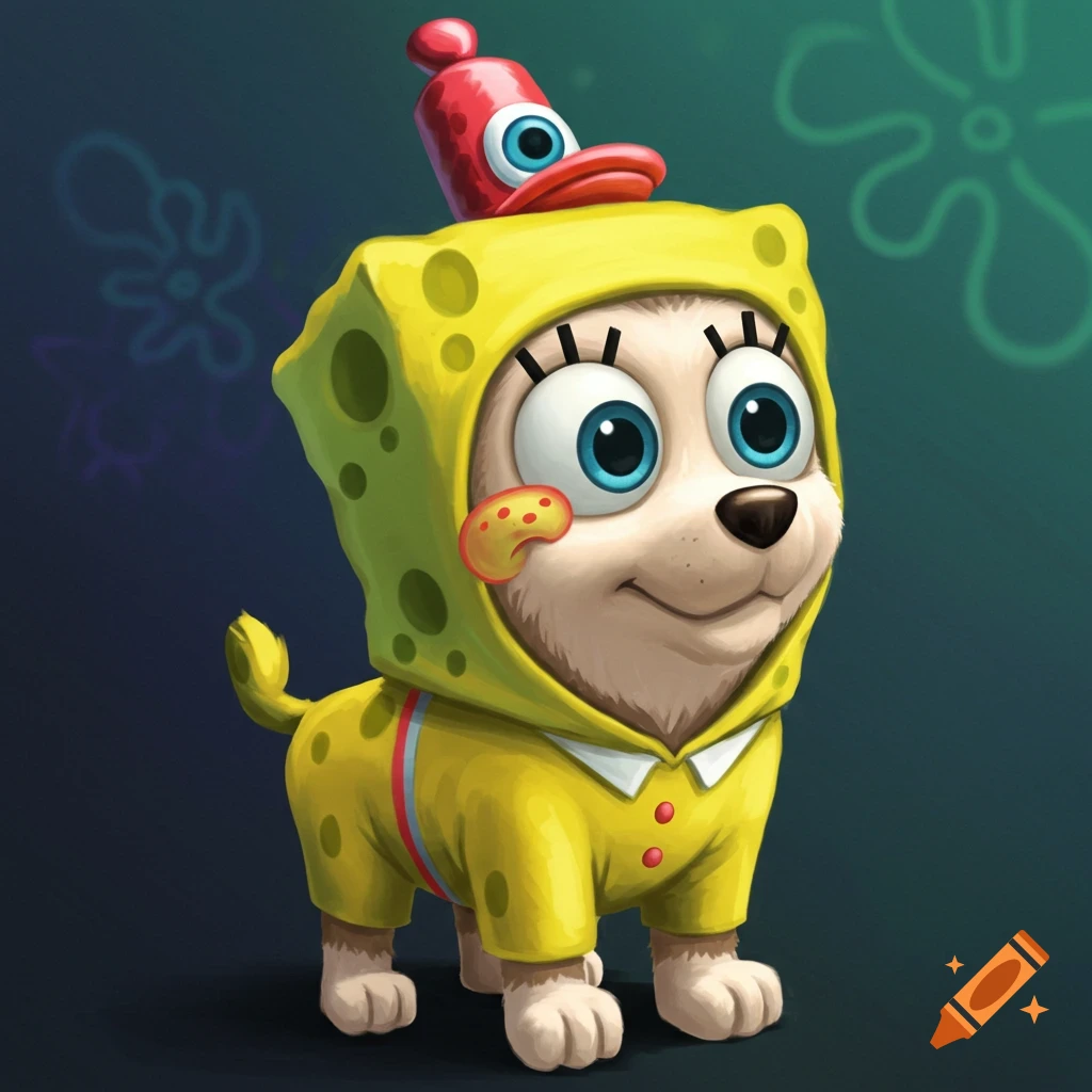 Illustration of a puppy wearing a Spongebob Squarepants costume.