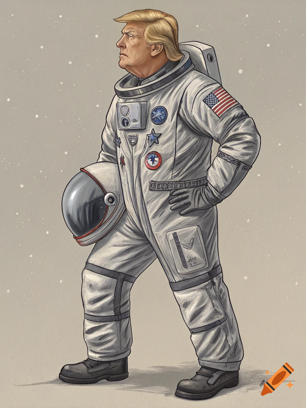 Illustration of Donald Trump wearing a space suit, holding his helmet