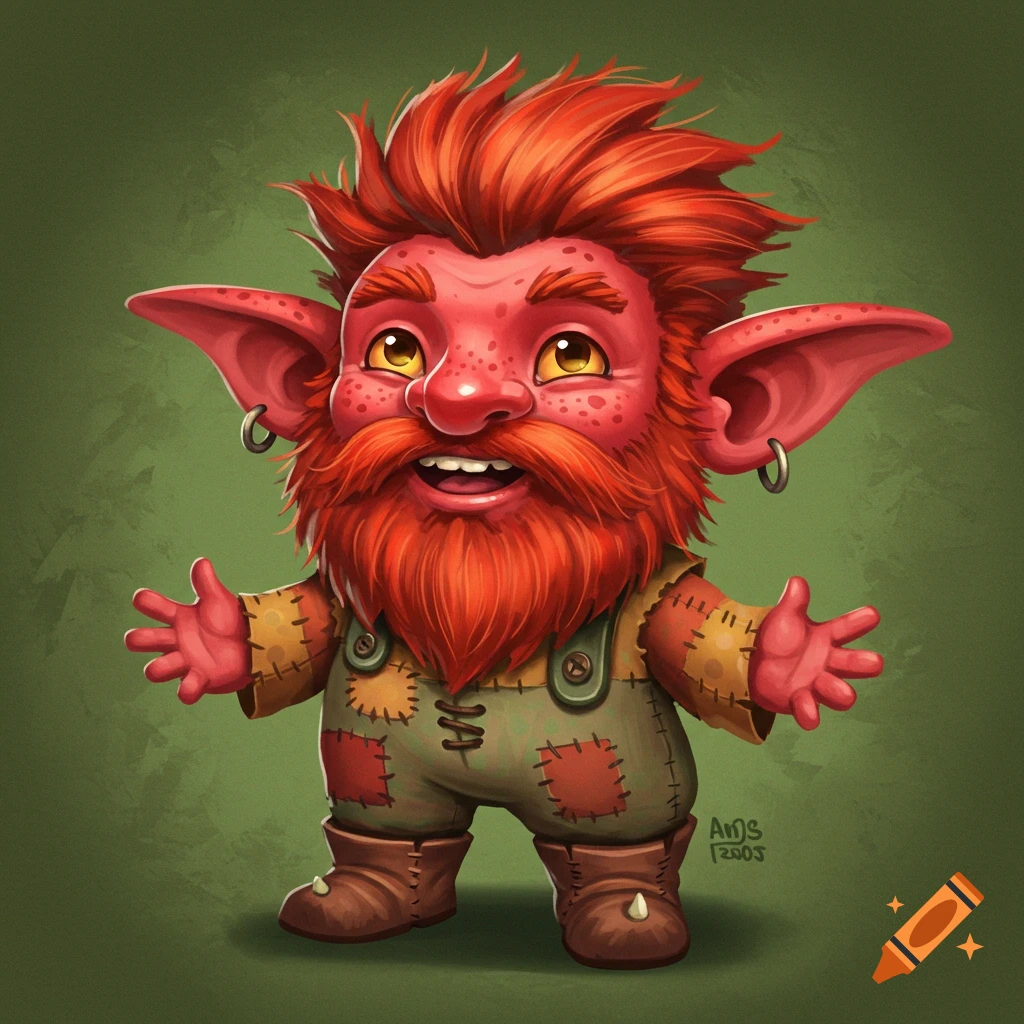 A cute, red-skinned, bearded goblin character with pointy ears, wearing overalls, illustrated against a green background.