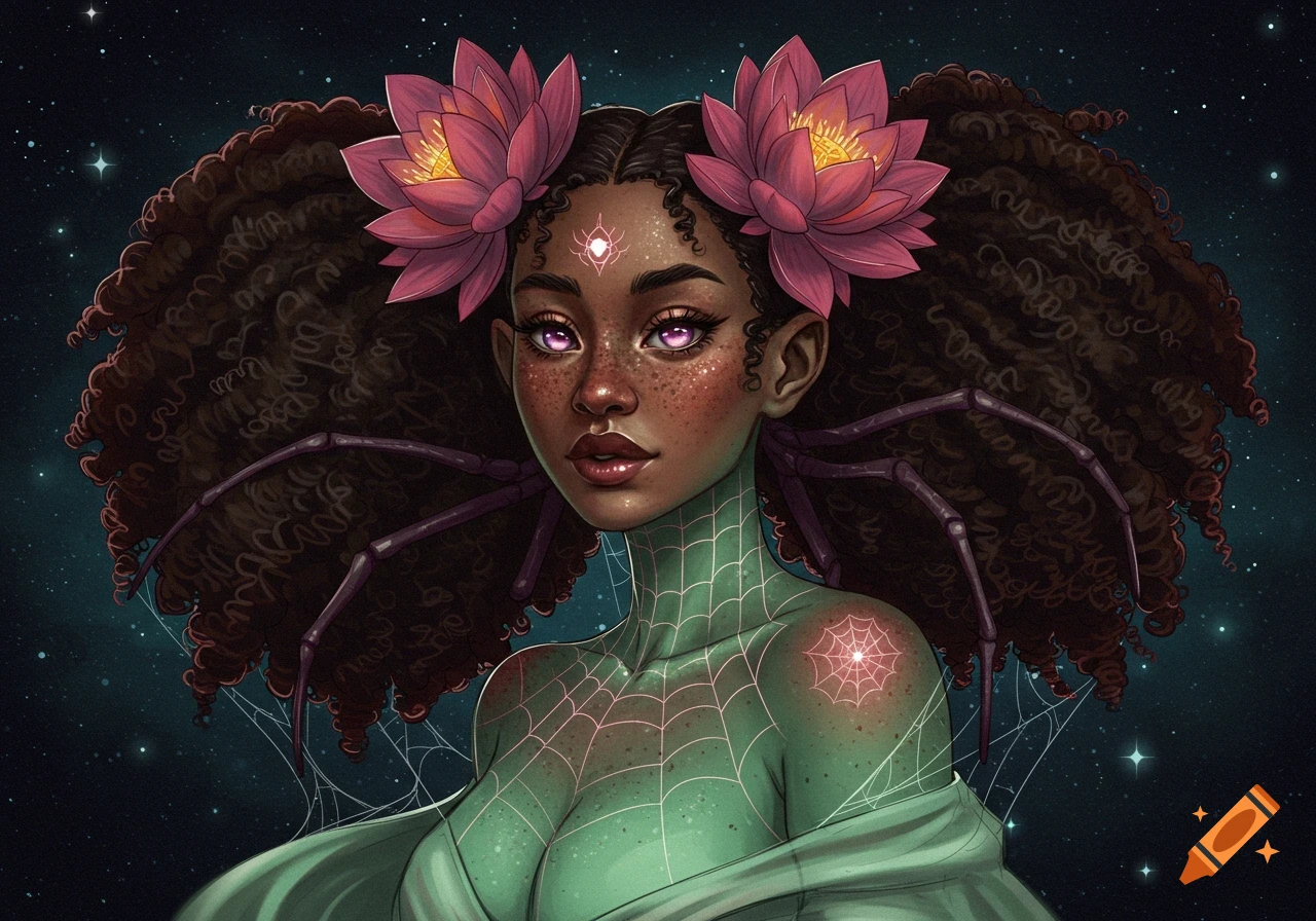Portrait of a fantasy spider woman with brown skin, freckles, curly dark hair with lotus flowers, light green skin with spider lines, and purple eyes against a starry background.