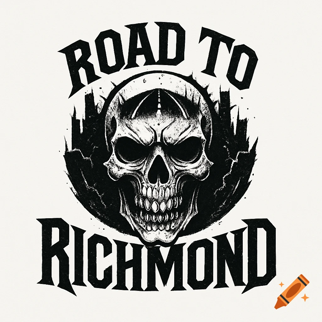 Monochrome logo with a skull centered above the text ROAD TO and below the text RICHMOND.
