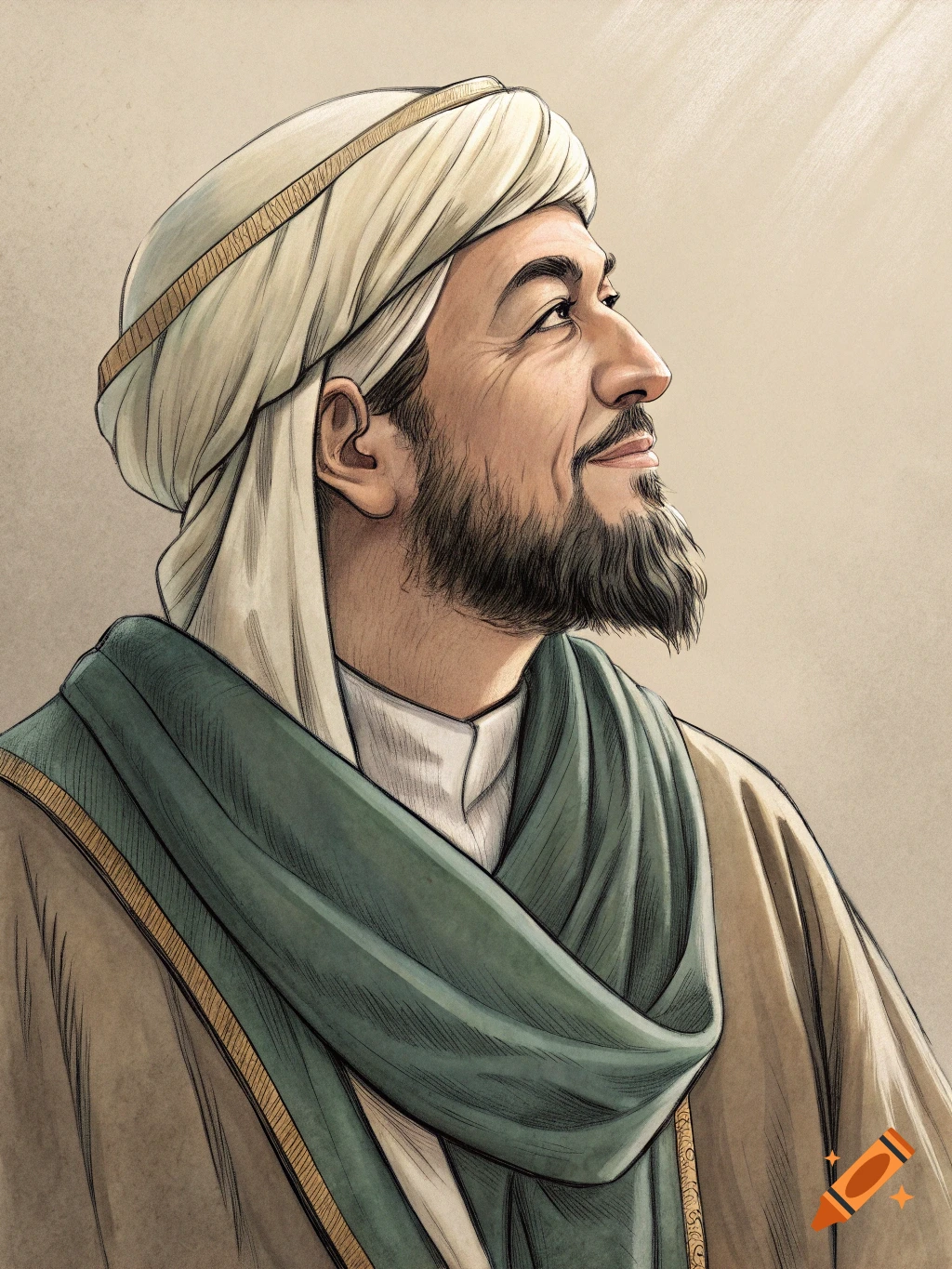 Illustration of a man in a turban and traditional robe, looking upwards, with a beard.