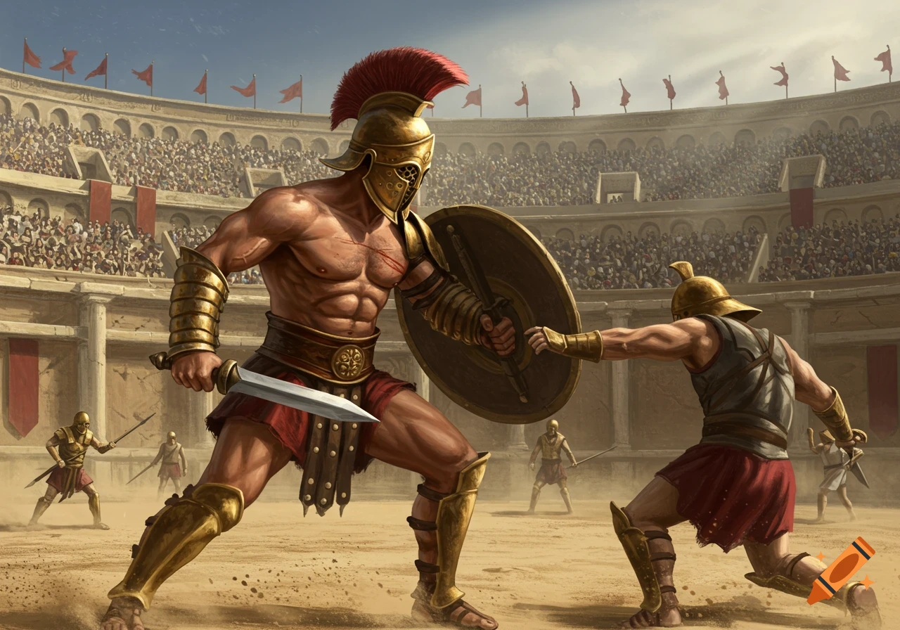 Illustration of two gladiators fighting in a crowded Roman colosseum arena.