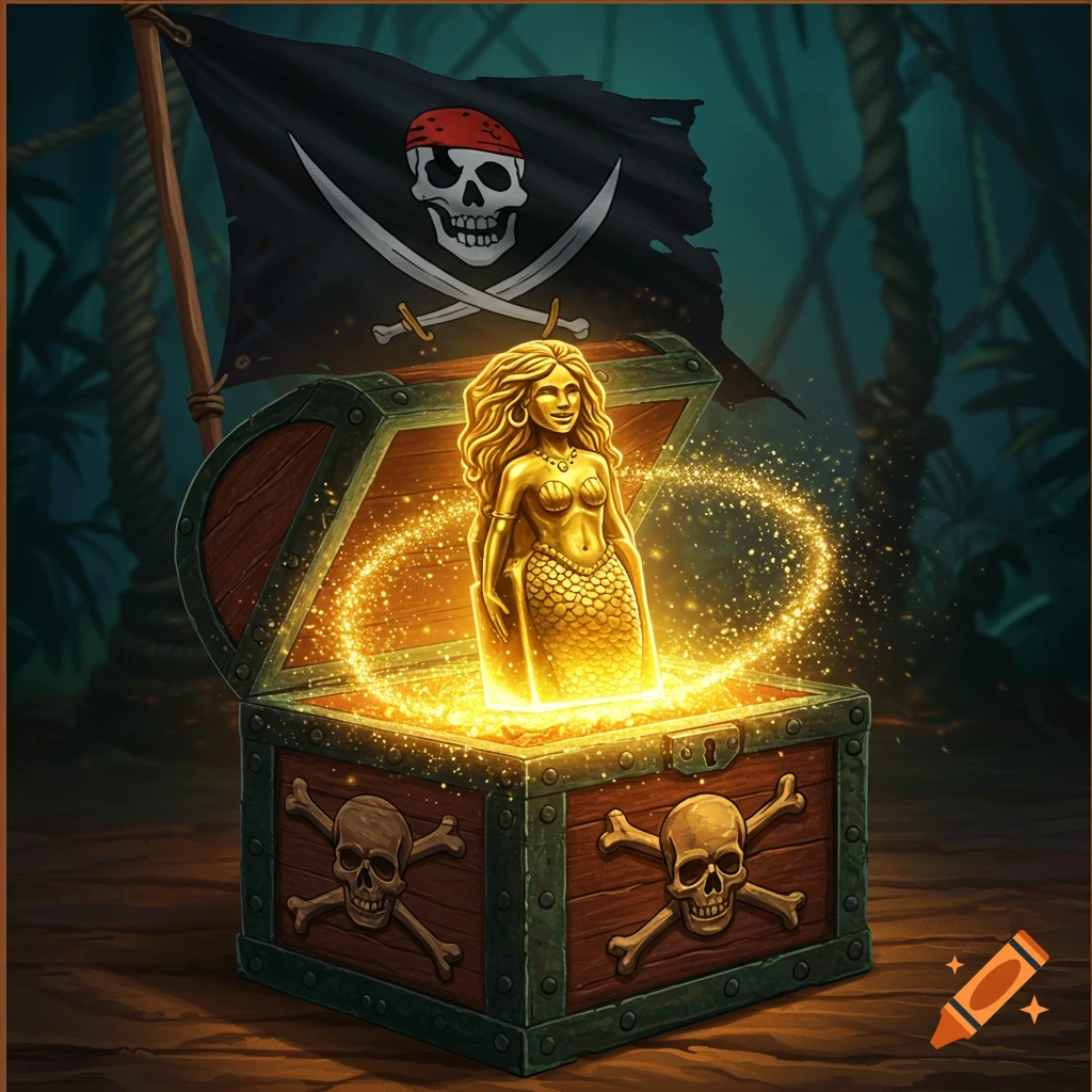 Illustration of an open pirate treasure chest with a glowing golden mermaid idol, pirate flag, and skull decorations.