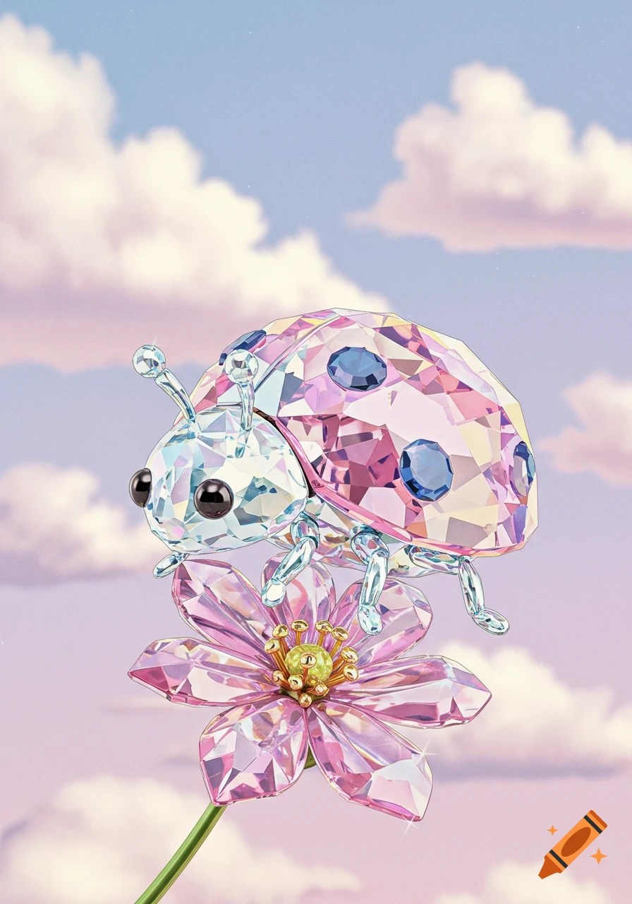 A sparkling crystal ladybug perches on a pink crystal flower against a pastel sky with clouds.