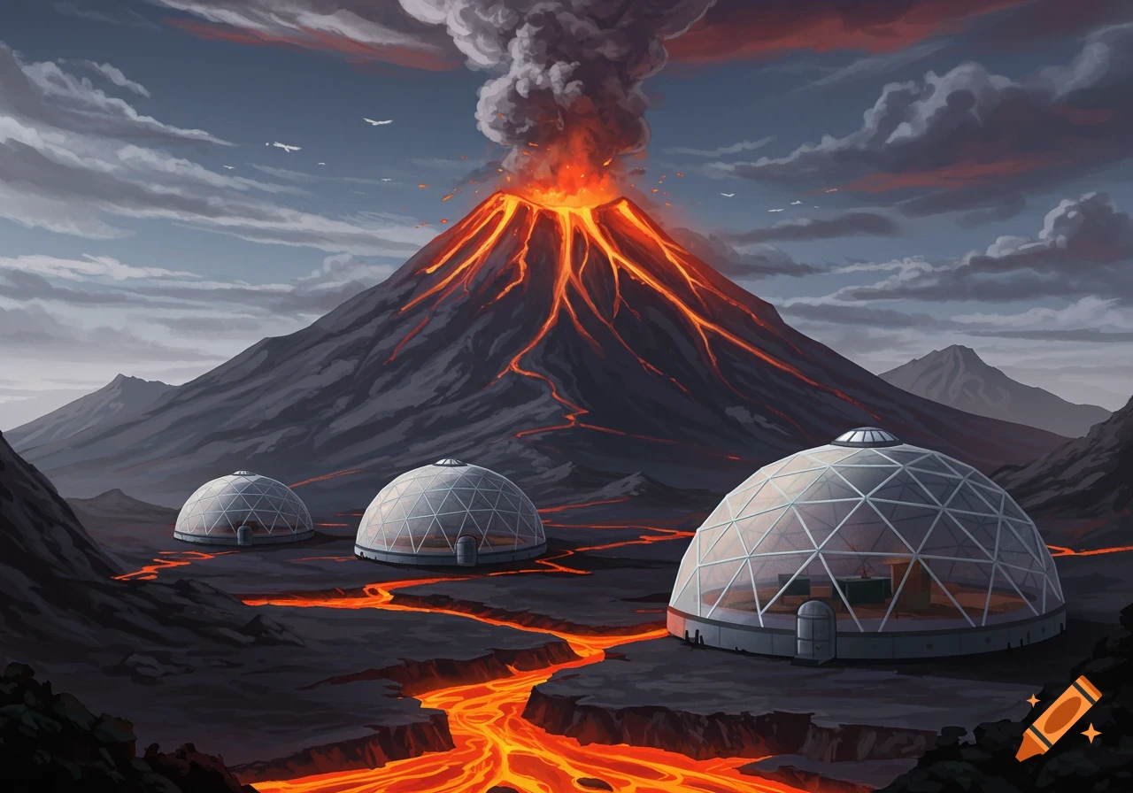 A volcano erupts with lava flowing past futuristic geodesic domes in a dark landscape under a cloudy sky.