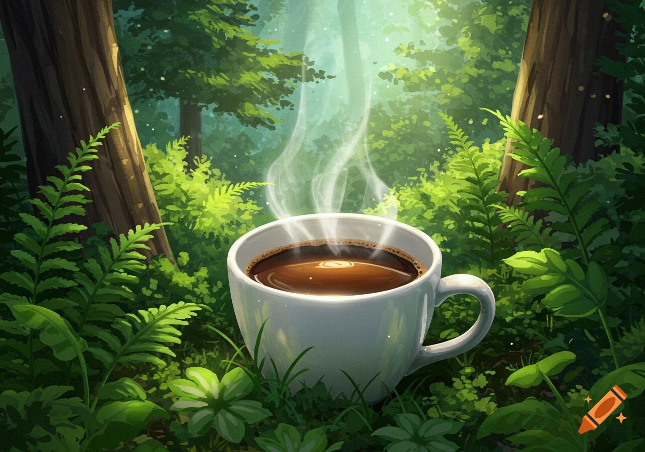 Steaming cup of coffee in a lush green forest, illustrated style